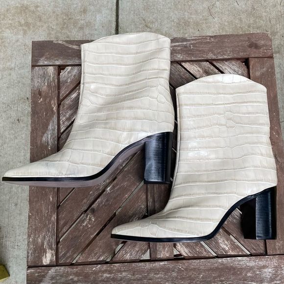 SCHUTZ Egg Shell Croc Embossed Black Block Heeled Short Boots - Picture 5 of 11